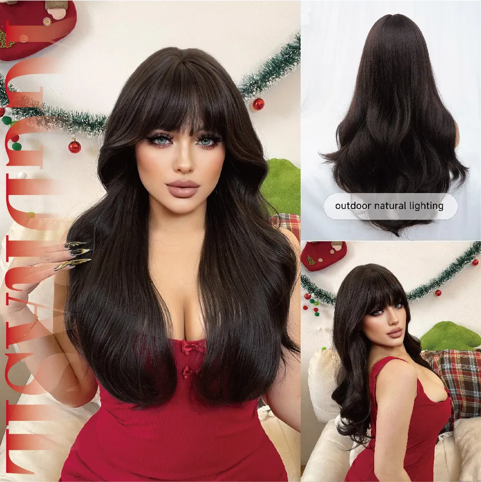 26inch Deep Brown Classic Syntetické parochne s Bangom dlhými prírodnými vlnovými vlasmi parochňou pre ženy denne používajú odolnosť