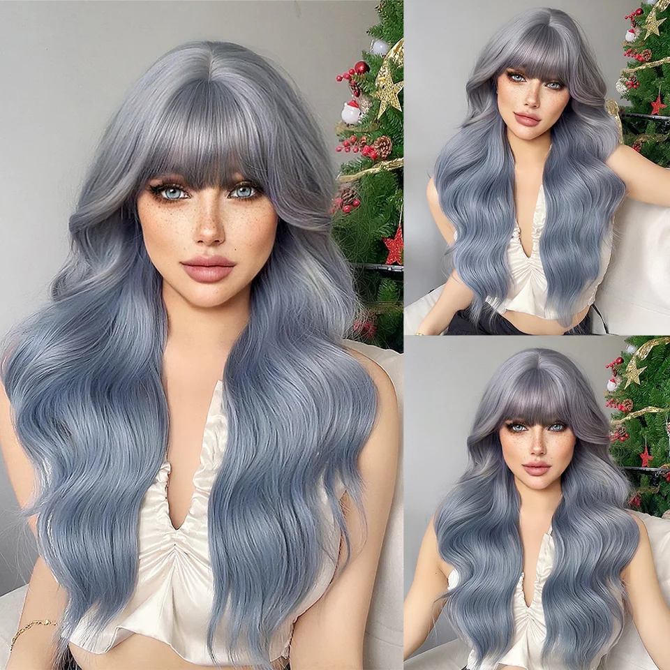 26inch Haze Blue Syntetické parochne s rangami dlhé prírodné vlnové vlasy parochňa pre ženy denne používajú cosplay drag queen tepelne odolné