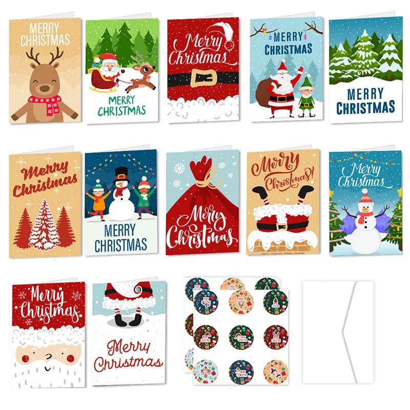 26ks/set veselé vianočné záhyby pohľadnice s obálkami Vianoce párty darčekové karty Nový rok dekorácie Navidad Noel