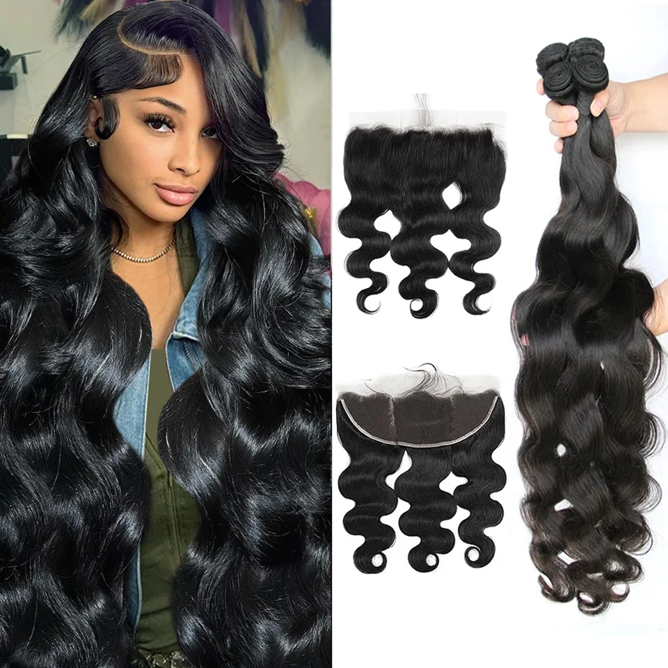 28 30 32 palcov Body Wave Body Bundles zväzky s priehľadnou čipkou 13x4 Čierne brazílske vlasy Remy pre čierne ženy 3 zväzky