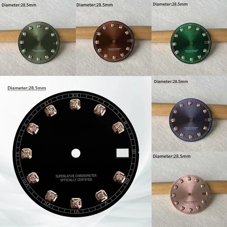 28,5 mm Diamond Inlaid Time Display S Logo Zlato zelená strieborná číselník s číselníkom NH 35 Pohyb číselníka 29 mm diamant 29 mm s číselníkom