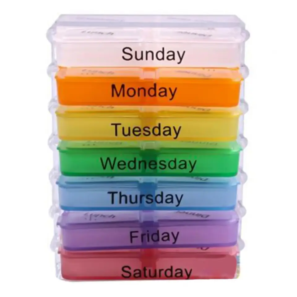 28 Grids Pill Box Container 7-dňový liek týždenne drogové puzdro farebne odolnú odnímateľnú pilulku pre vonkajšiu stranu