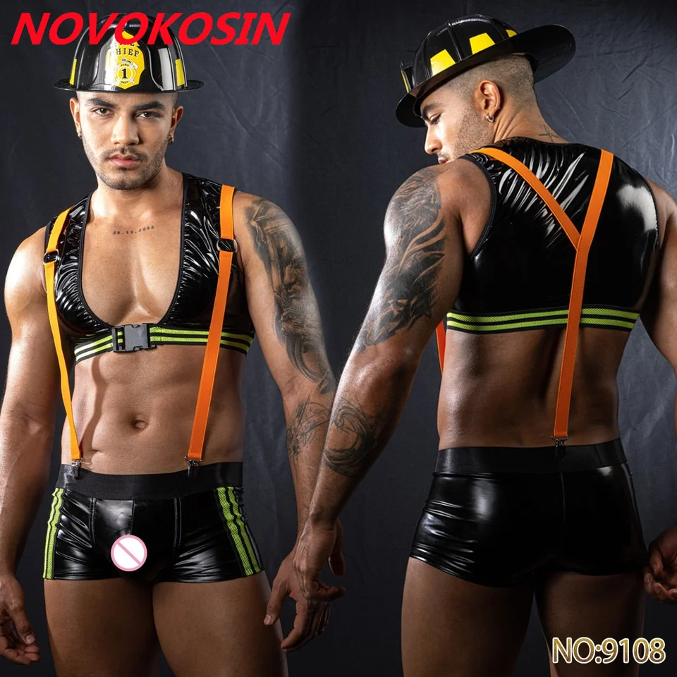 28 štýlových mužov Hasič Sexy spodná bielizeň faux kožená policajti gay spodná bielizeň Cosplay kostým nočné klub