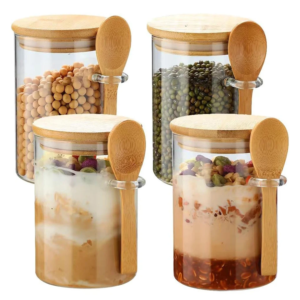 280 ml cukrovinky, nádoba na sušienky, sklenené úložné nádoba so zapečateným bambusovým vekom a lyžičkou - 10oz priehľadné sklenené objemové skladovacie nádoby