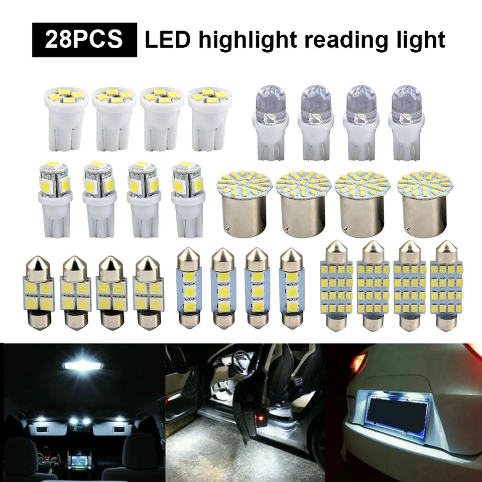 28ks T10 LED žiarovka LED žiarovka Biele čítanie Light Car Interiér DOME DOME ŠPÍTLA SVETLÁ SÚBA Zmiešaná žiarovka