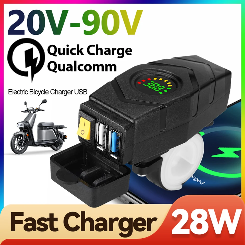28W QC3.0 Rýchle náboj USB nabíjačka nepremokavá E-Bike 20V-90V Scooter Scooter 36V 48V 72V Voltmeter prepínač