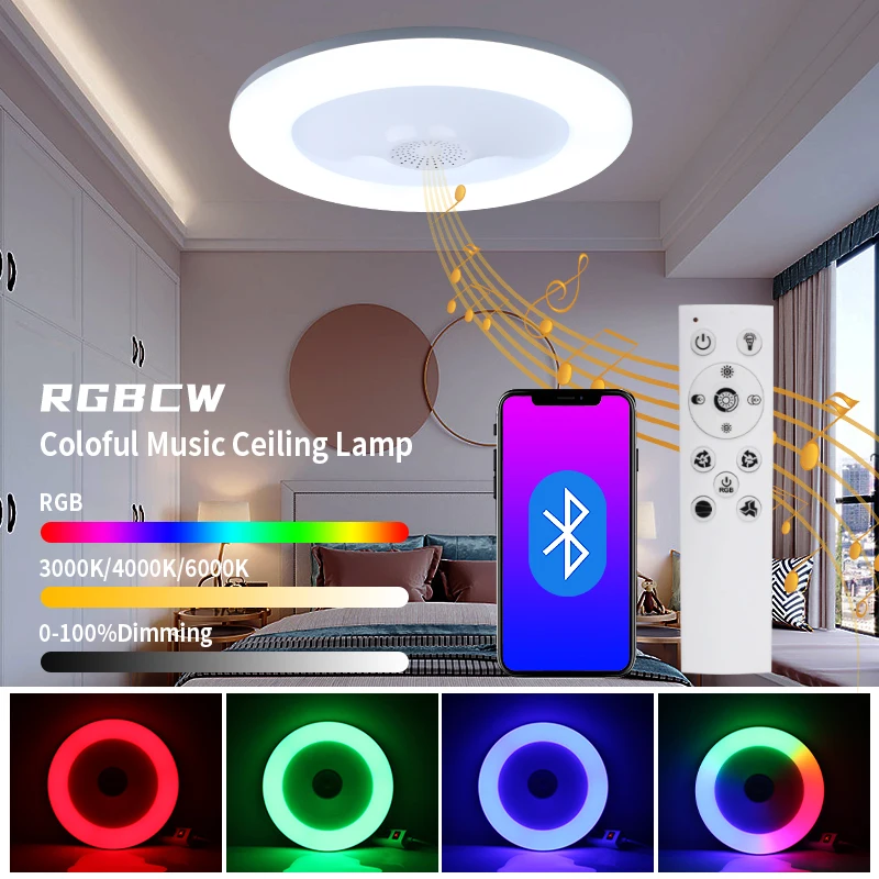 28W RGB Stlmiteľná hudobná stropná žiarovka Stropné svetlá Stropné ovládacie prvky AC110-265V pre svietidlo Home Bluetooth Reproduktor