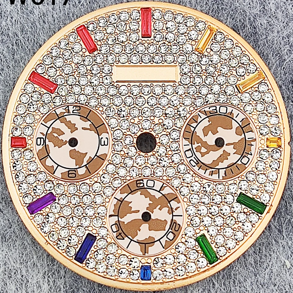 29,5 mm VK63 Dial s plným krištáľovým dizajnom pre kremeňový pohyb Chronograf Fear 6 Hands Watch Parts Fit pre 39 mm hodinky