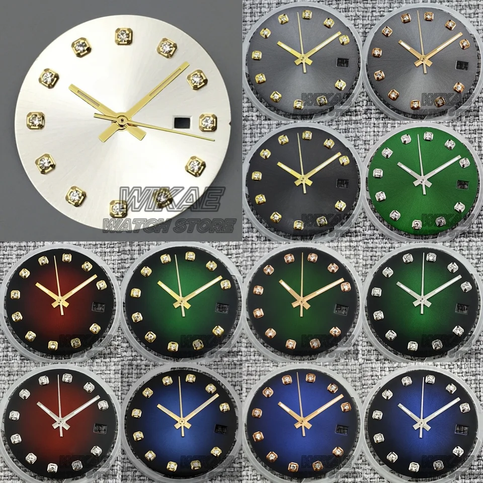 29 mm hodinky s číselníkmi s diamantovým indexom Gradient Blur Green Red Dial Gold Rose Gold Stone Calendarwatch Faces pre pohyb NH35 NH36
