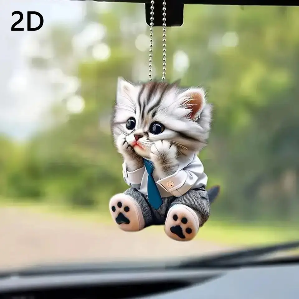 2d roztomilý prívesok s mačkou visí ornament s reťazou realistické zvieracie Keychain pre školské tašky