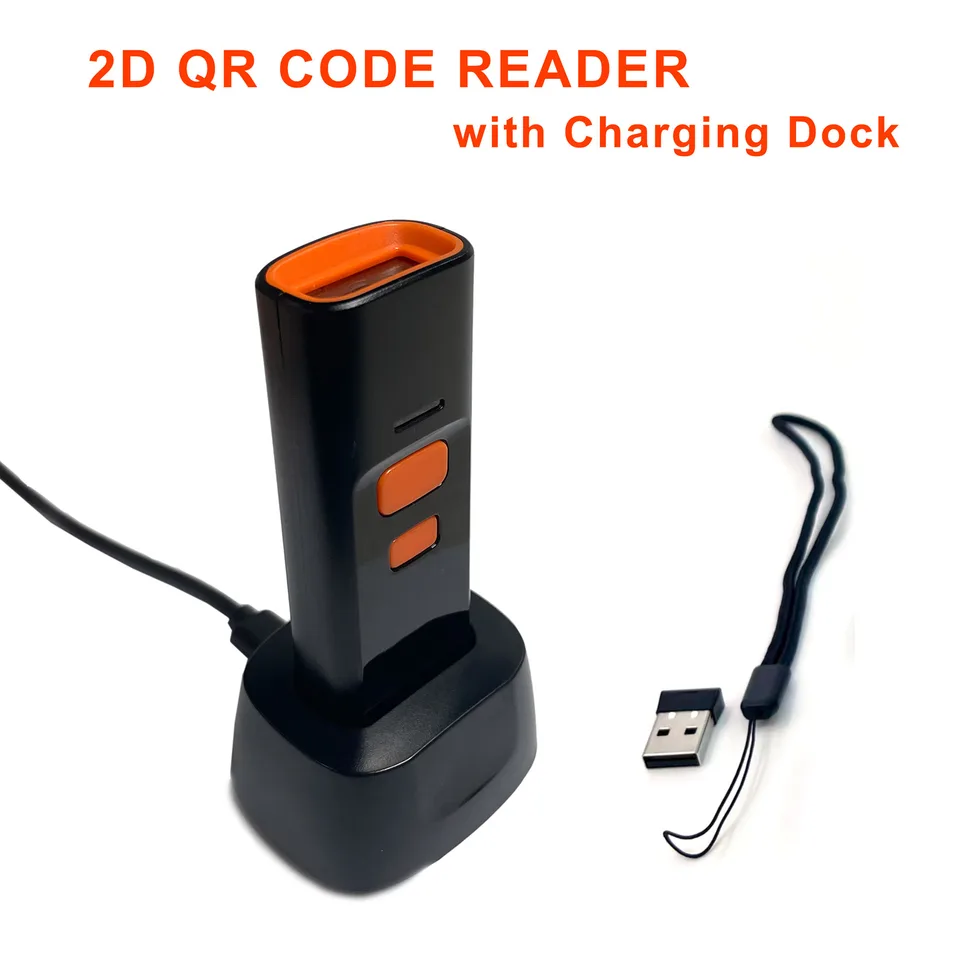 2D skener čiarových kódov s nabíjaním Dock Mini Wireless Bluetooth prenosný prenosný 1D 2D QR kódový dátový matica PDF417 čítačka