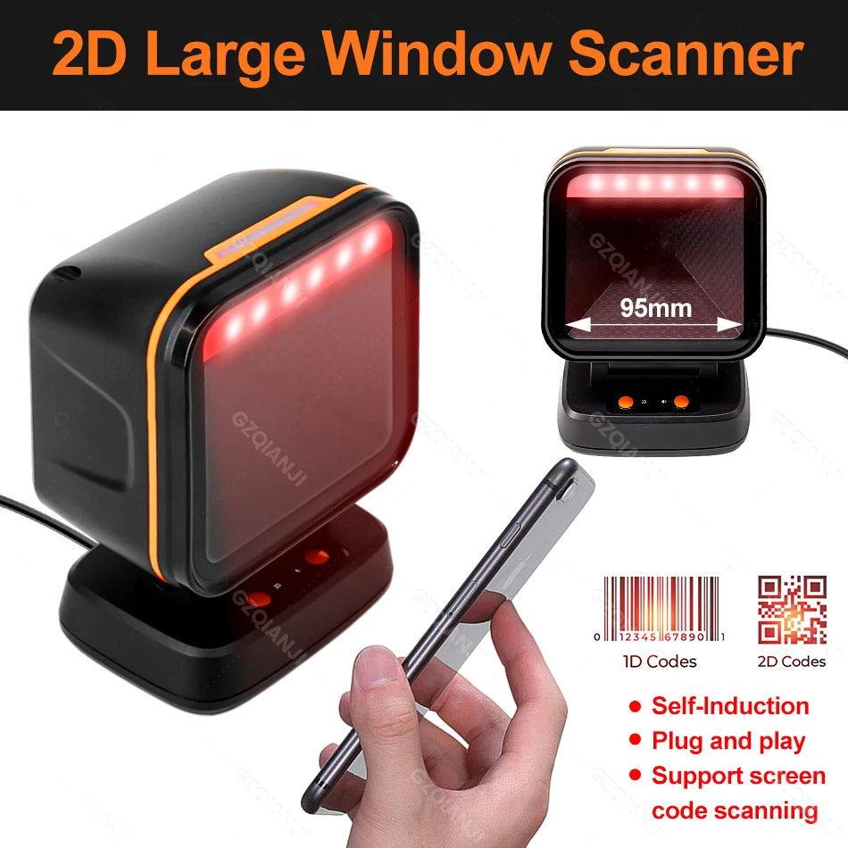 2D stolný čapový skener Omnirectional Hands-free Wired USB Big Barcode Reader 1D QR obrazovky čiarové skenovanie gzqianji