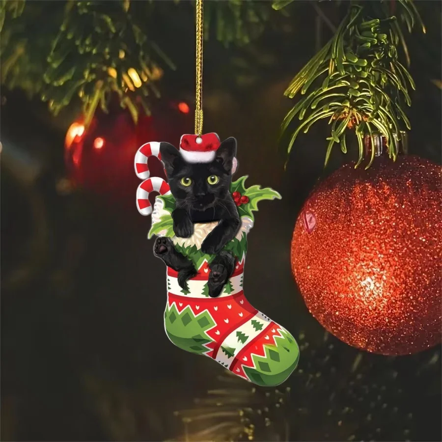2D vianočné očarujúce čierne mačky Ornament Akryl Decor Decor for Tree Car Mirror Keychain Kid Vianoce