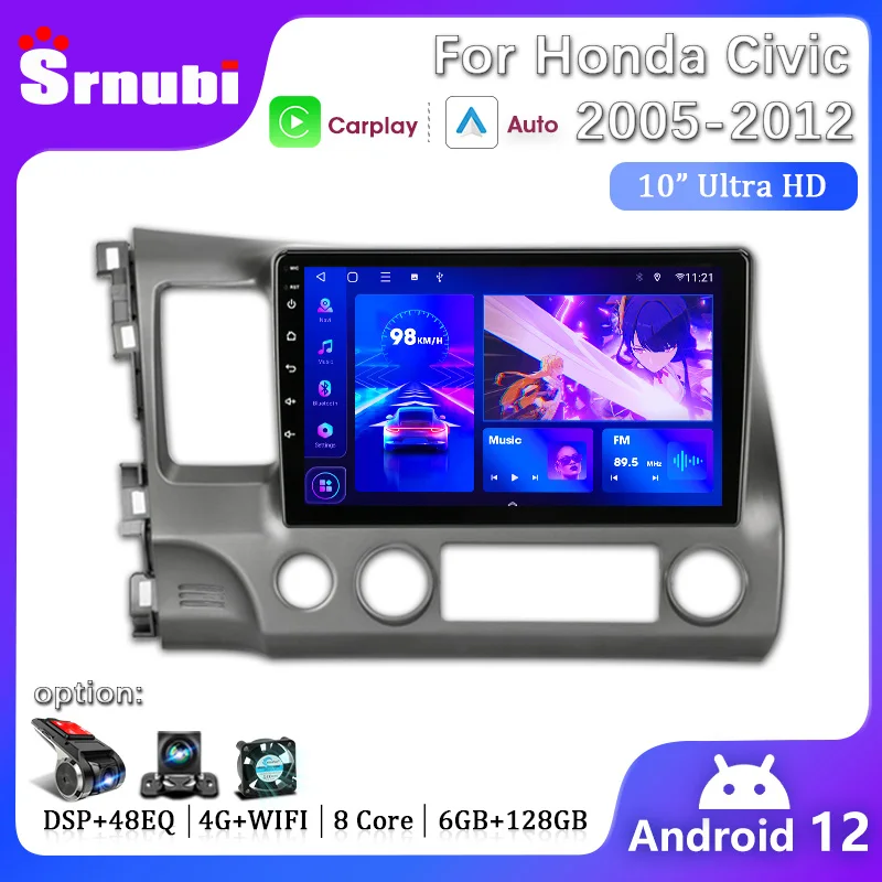 2Din Android 12 Cardio Radio pre Honda Civic LHD RHD 2005 - 2012 Multimediálny hráč navigáciu pravej ruky Navigácia GPS GPS Wireless CarPlay