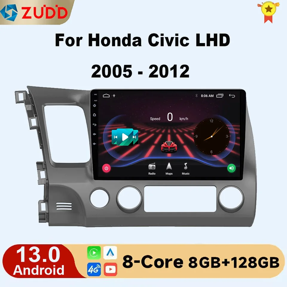 2Din Android 13 Car Radio Multimedia Player pre Honda Civic LHD 2005-2012 Navigácia GPS Audio Stereo 4G CarPlay Head Unit