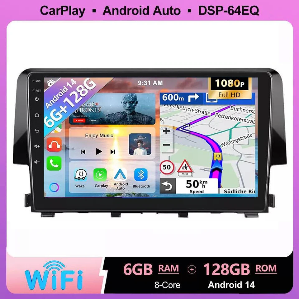 2Din Android 14 Autoradio pre Honda Civic 10. 2016 -2018 2019 2020 CAR Radio Stereo Multimedia Video Player GPS Navi CarPlay