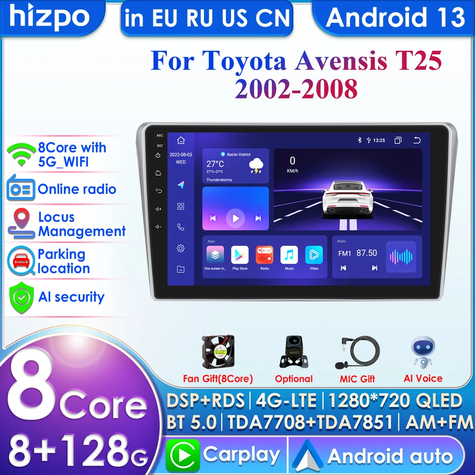 2Din Android Autoradio pre Toyota Avensis T25 2002-2008 Automobilie Radio Multimedia Video Player GPS Navi Head Unit CarPlay Auto 4G RDS