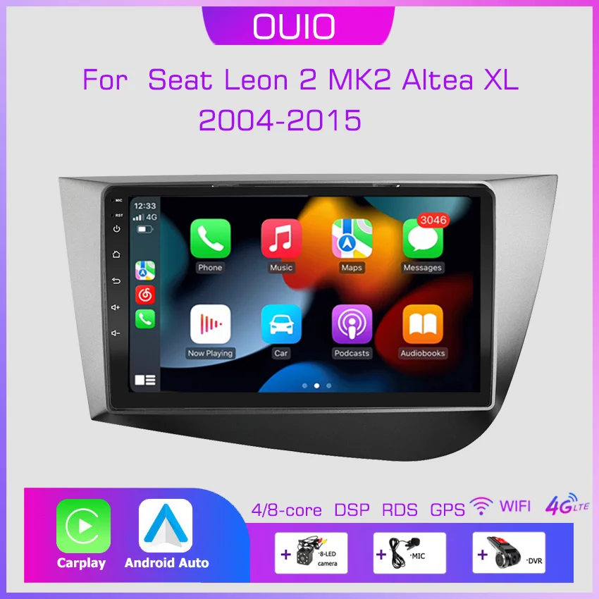 2Din Android10 Car Radio Multimedia Player CarPlay Auto GPS Navigation DSP pre sedadlo Leon 2 Mk2 Altea XL 2004 2005- 2014 2015