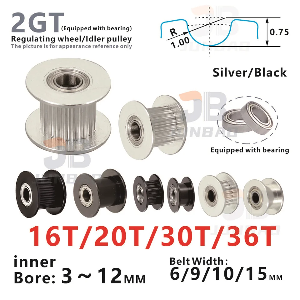 2GT 16T 20T 30T 36 zubov Synchrónne načasovanie voľnobežného kladky 3/4/5/6/7/8 mm s ložiskom 6/9/10/15 mms pásovými príslušenstvom 3D tlačiarne
