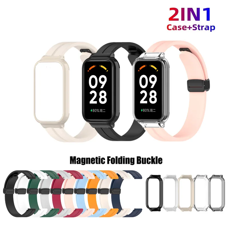 2in1 Silikónový magnetický spánok so spánkom + puzdro pre inteligentnú skupinu Redmi 2 / Xiaomi Smart Band 8 Active Color Band Sports Loop