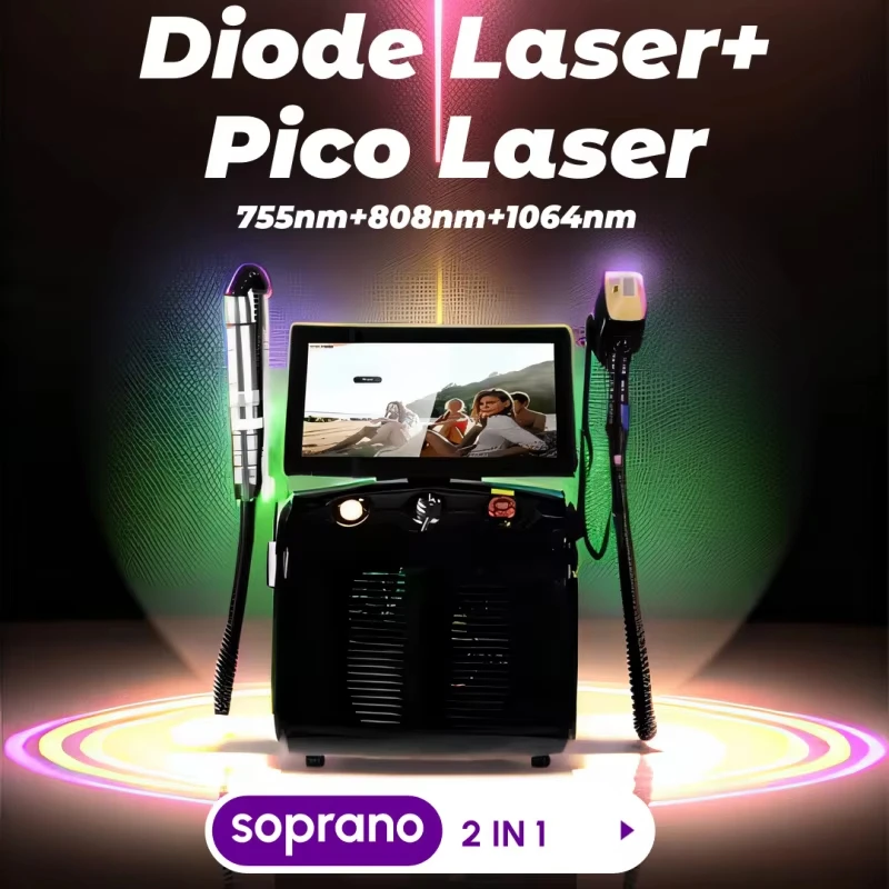 2in1 Soprán Titanium Ice Platinum Dióda 755 808 1064nm 3 vlnová dĺžka laser ND: YAG stroj bezbolestné odstraňovanie chĺpkov 2024