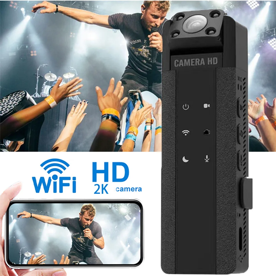 2K WiFi Interconnection Body Camera Infračervená nočná vízia Plná HD Mini Camera DVR 170 ° širokouhlá šošovka 180 ° nastaviteľná pre zákon E.