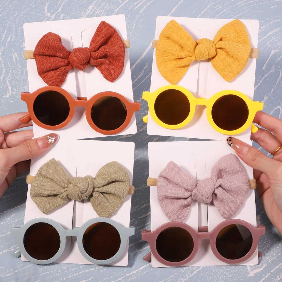 2ks/balenie Vintage Kids letné luky čelenka okrúhle slnečné okuliare Deti slnečné okuliare Ochranné okuliare detské vlasové doplnky
