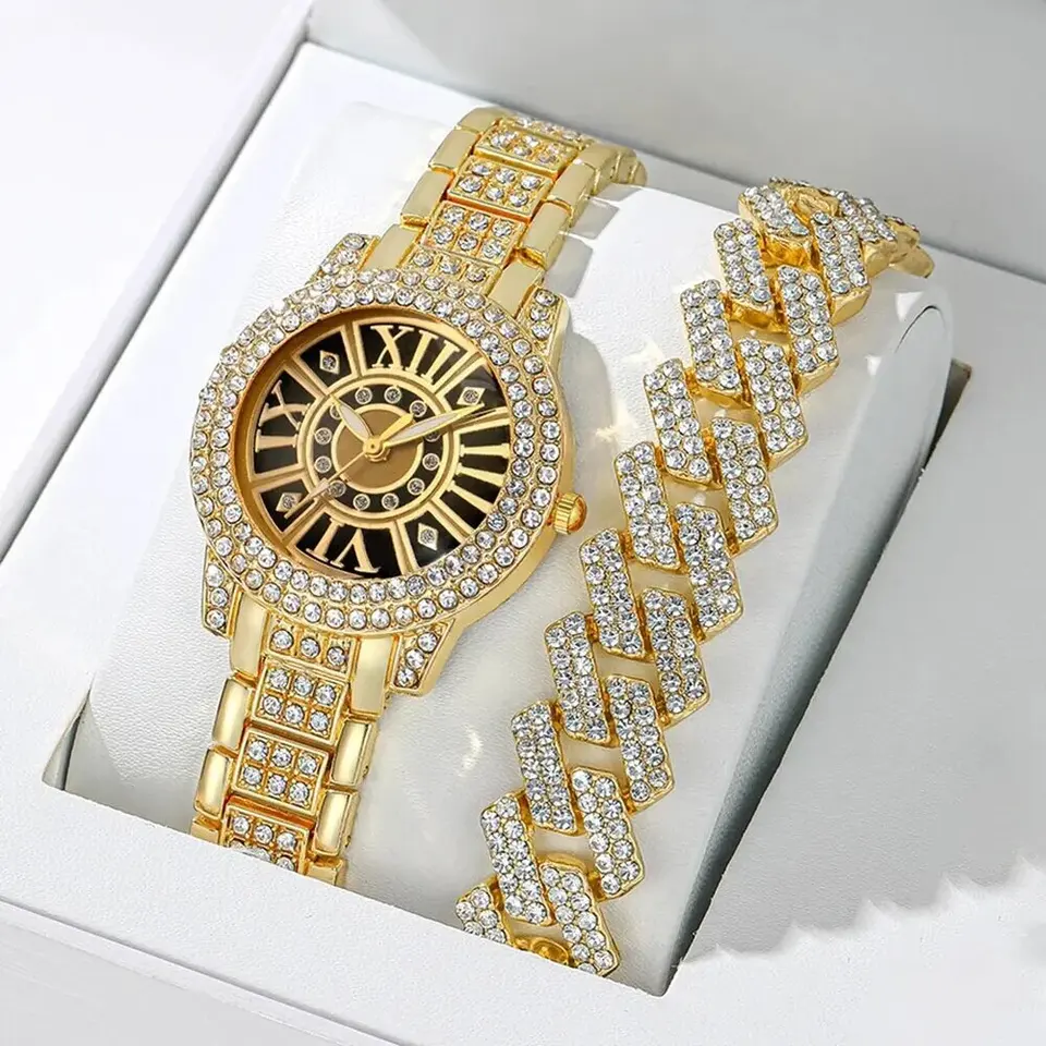 2ks dámske hodinky nádherný štýl diamant zliatiny zliatiny oceľový pásik Quartz a Diamond Humded Cuban Chain náramok