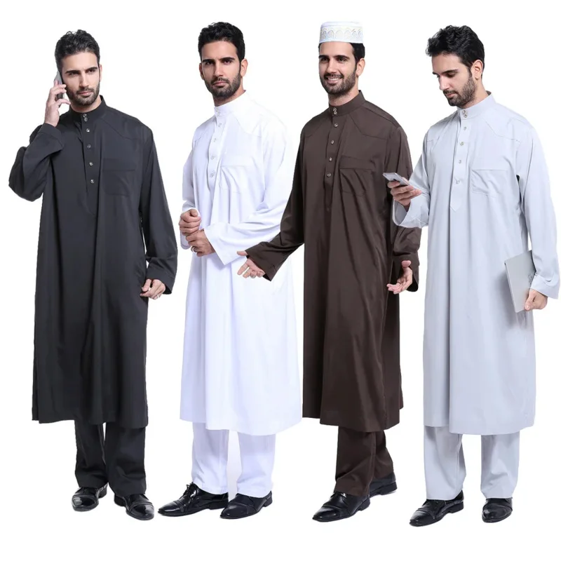 2ks moslimské mužské mandarínske obojky Ramadan Dubaj Robethobe Islamská etnická plná farba dlhé rukávy Kaftan Thawb a nohavice SX SX