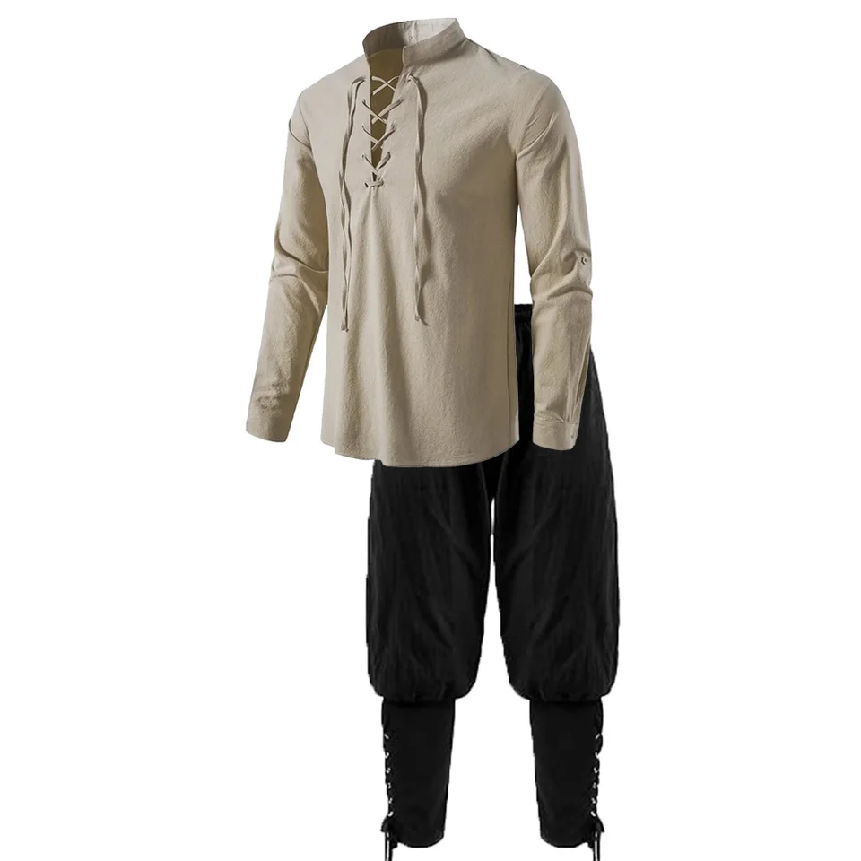 2ks Pánske stredoveké rytierske kostýmy sada renesančných cosplay pirátske košele členky pruhované nohavice pre halloween bavlnené ľanové textily