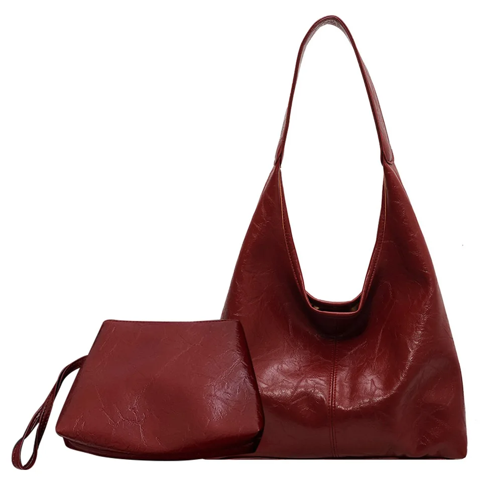 2ks/set dámska kožená taška na rameno módne víno Červené podpazušia vrecká Príležitostné hobo taška Dámske kapacita retro dizajnér Tote Cancebag