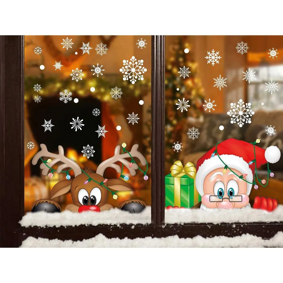 2ks, vianočná dekorácia nálepka na snehové vločky Santa Claus Elk Snowman Curzhraničné sklenené nálepky Elektrostatická nálepka