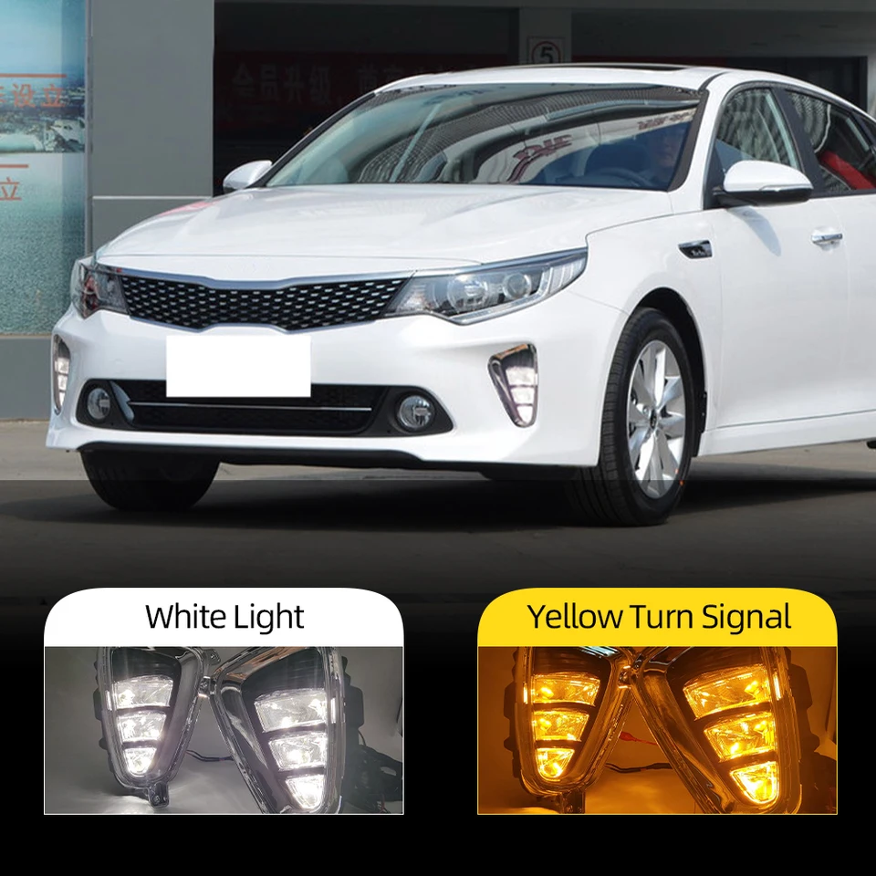 2ksové auto LED DRL DENNE RUNGING Light FOG LAMP pre KIA K5 Optima 2016 2017 so žltým zákrutou Signal Day Light Foglights