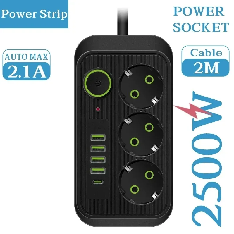 2m EÚ zástrčka striedavecký striedavý striedavec Multitap Socket Extension Electrical Power Strip s USB Type C Rýchle nabíjanie sieťového filtračného adaptéra