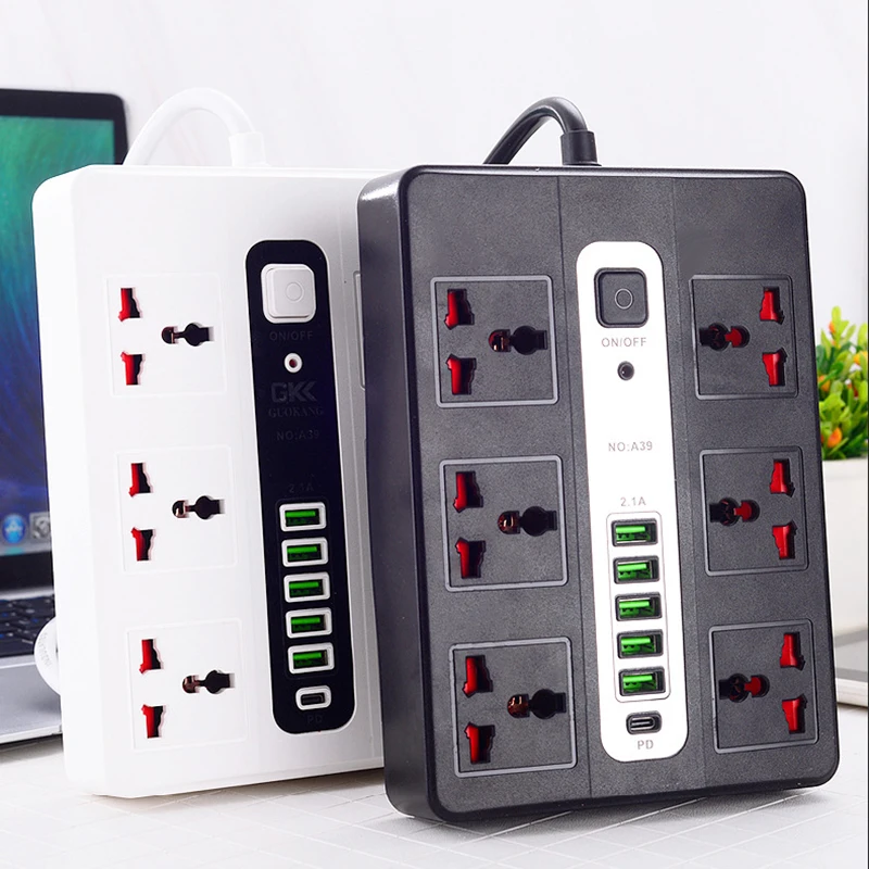 2m predĺžený šnúrový prúžok pre kanceláriu Domov EÚ UK UK US Plug Universal Socket 2500 W Ochrana proti preťaženiu s 5 USB 1 porty typu C