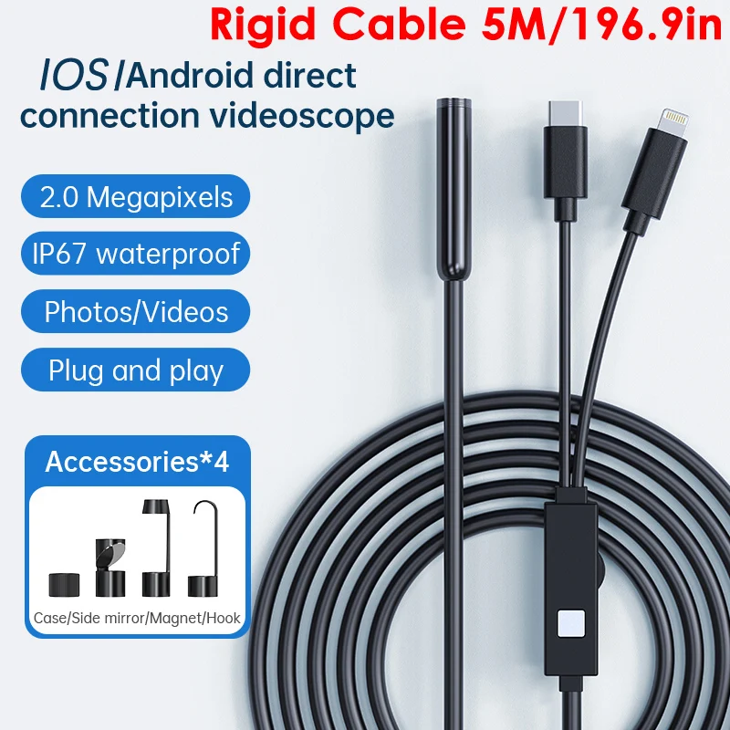 2MP endoskopový fotoaparát IP67 nepremokavý 8 mm hard drôt Kontrola potrubia Borescope s 8 nastaviteľnou LED diódou pre iOS Andriod iPhone