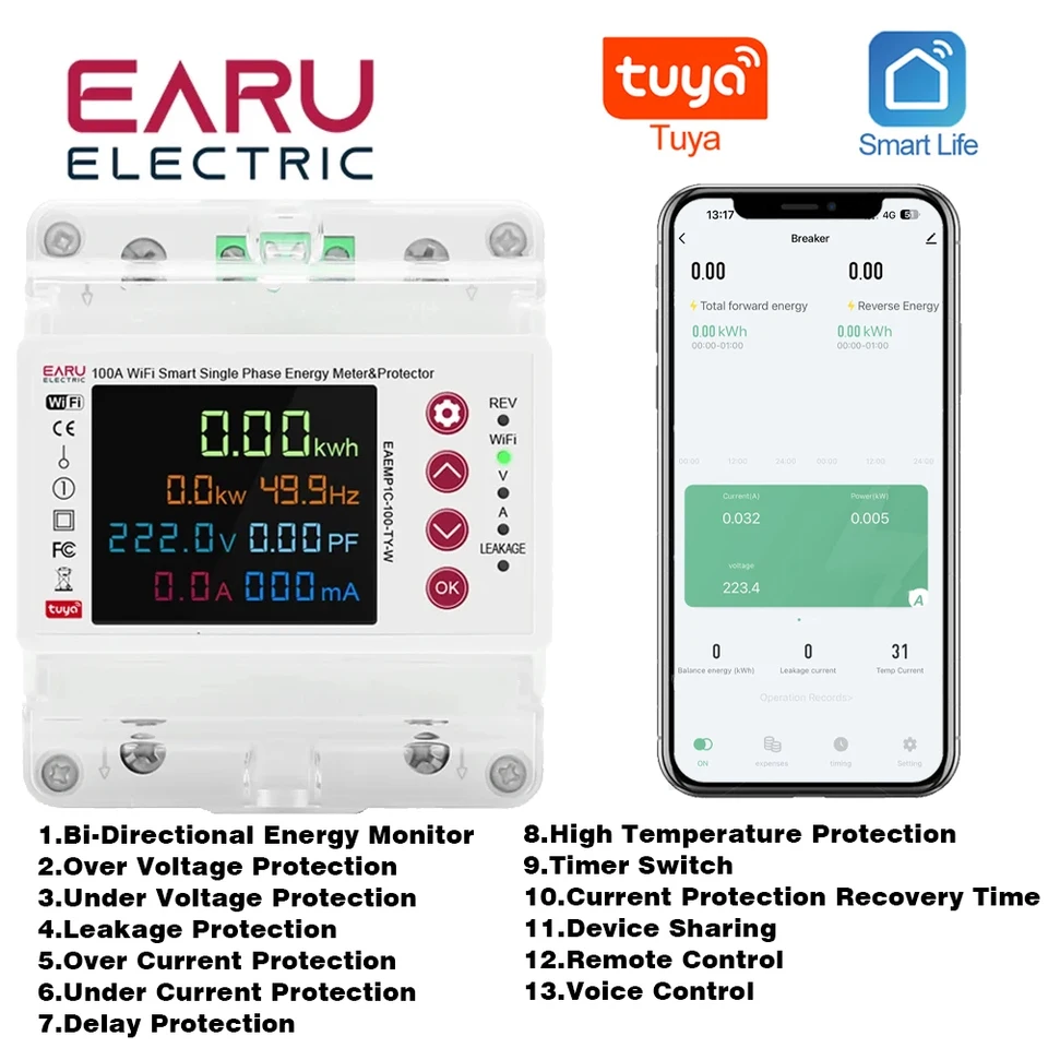 2p 100a tuya wifi inteligentná obojsmerná energia energie KWH Meter Únik v rámci napätia Limit prepínača chrániča prepínača