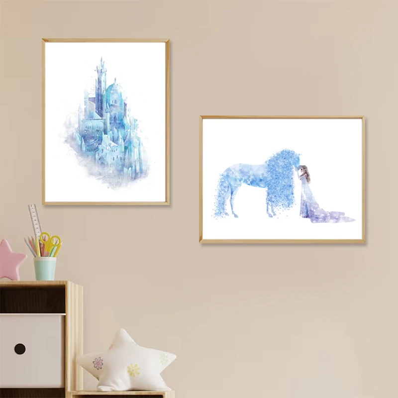 2pc/set Frozen 2 Elsa a Ice Horse Watercolor Art Canvas Plagát Plagát Frozen Castle Print Dievča