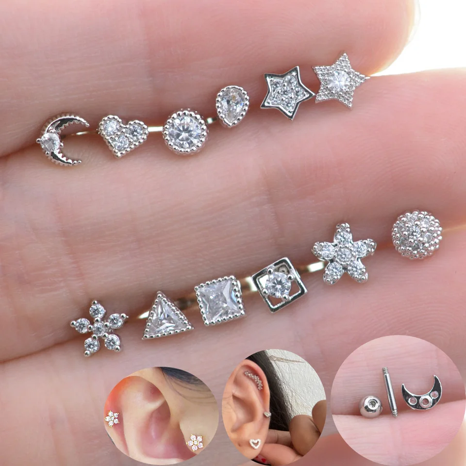 2PCS 18G Rod Mini Micro Micro Indlaid Zirkon Star Hviezda špirála Piercing Tragus Stud chrupavka chrupavka kužeľový náušnica prsteň ohrpring ušné šperky