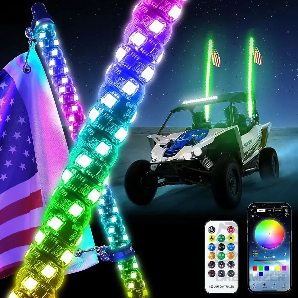 2pcs 3/4 ft LED whip svetlo s diaľkovým ovládaním aplikácie Spiral RGB Chasing Music Whip Light pre UTV ATV RZR Can-Am SXS Polaris