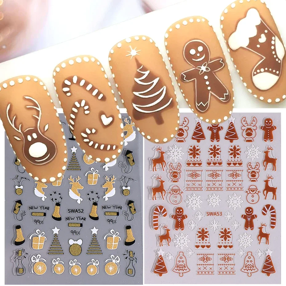 2pcs 3d roztomilé nálepky na nechty Elk hviezda perník muž Snowflake vianočný stromček na nechty Nový rok DIY Zimná manikúra Dekorácia
