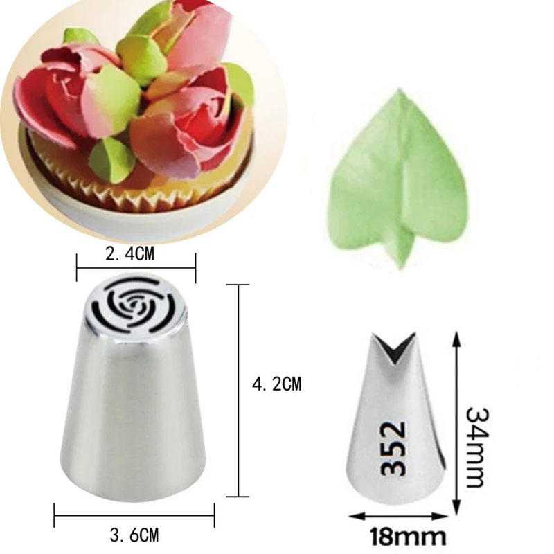 2PCS #5+352Leaf Cream Cream Cubul Deskotujúce Tipy Sada z nehrdzavejúcej ocele Ruský tulip Piping Piping Cake Dysles Cupcake Nástroje na pečenie