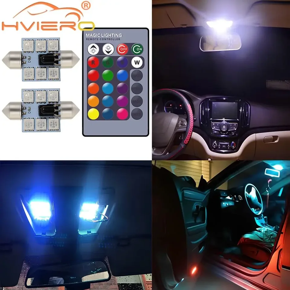 2pcs auto automatické diaľkovo ovládané atmosféru LED RGB 6SMD Strešné kupoly na čítanie lampy C5W Vitajte svetlo Turn Signal Trunk Žiarovka