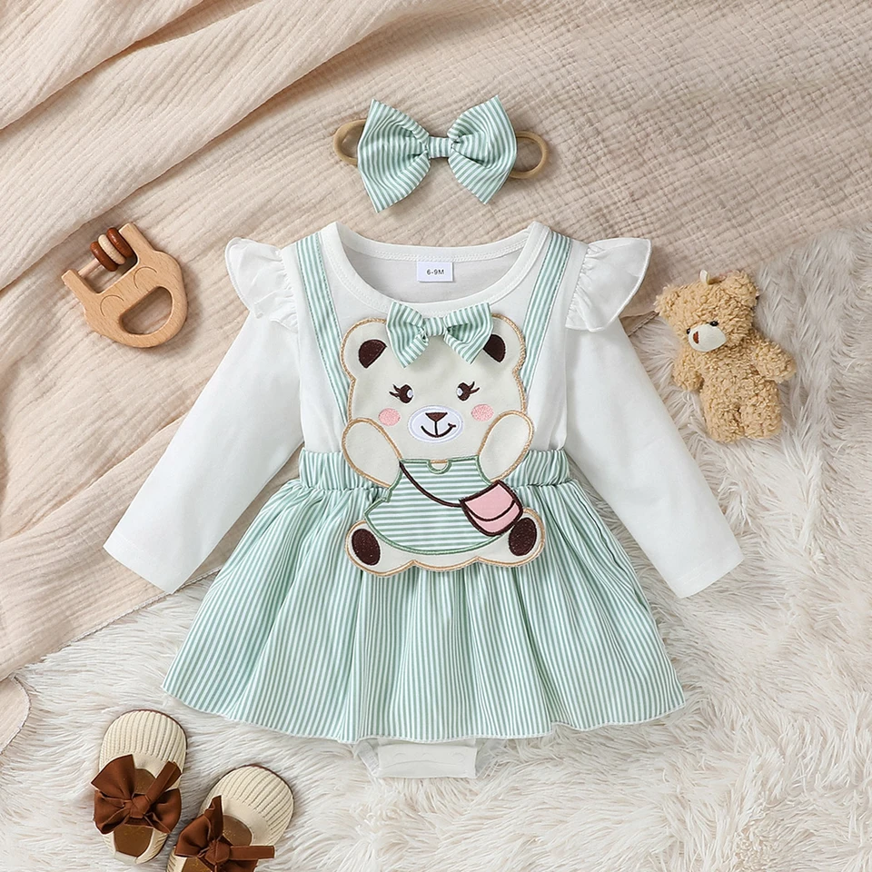 2pcs baby gilrs s dlhým rukávom roztomilé jarné/ pádové kombinézy s pečiatkou Denné oblečenie na neformálne oblečenie+čelenka