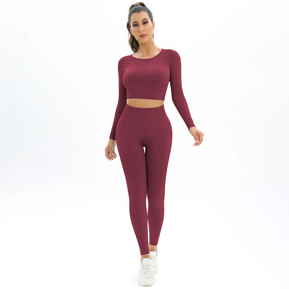 2pcs bezšvové ženy jogy set workout športové oblečenie oblečenie fitness s dlhým rukávom plodiny špičkové legíny s vysokým pásom športové obleky