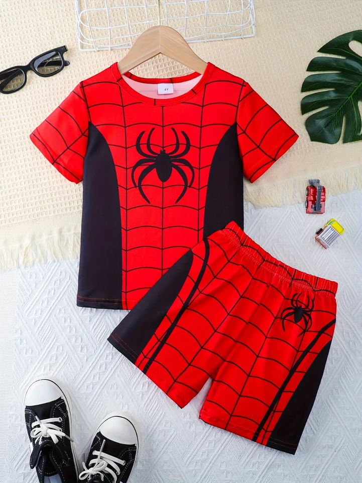 2pcs Boys Casual Red Spider Print Vestrabilné tričko s krátkym rukávom a šortky, chladné, ľahké a pohodlné letné oblečenie