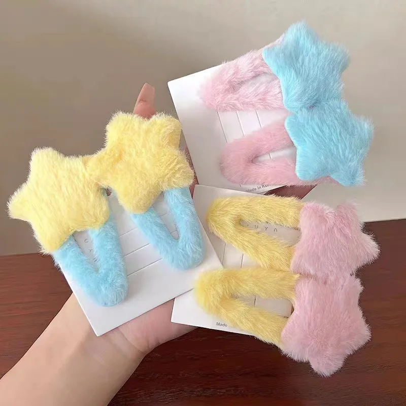 2pcs Cute Fluffy pentagram Star Haarpins Star Plyš na vlasy klip bb bočná búrka klip faux kožušina bobby pin barettes vlasové doplnky