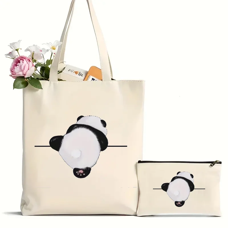 2PCS Cute Panda Print Canvas Bag, opakovane použiteľná nákupná taška na ramená, veľká kapacita módne denné prepravu