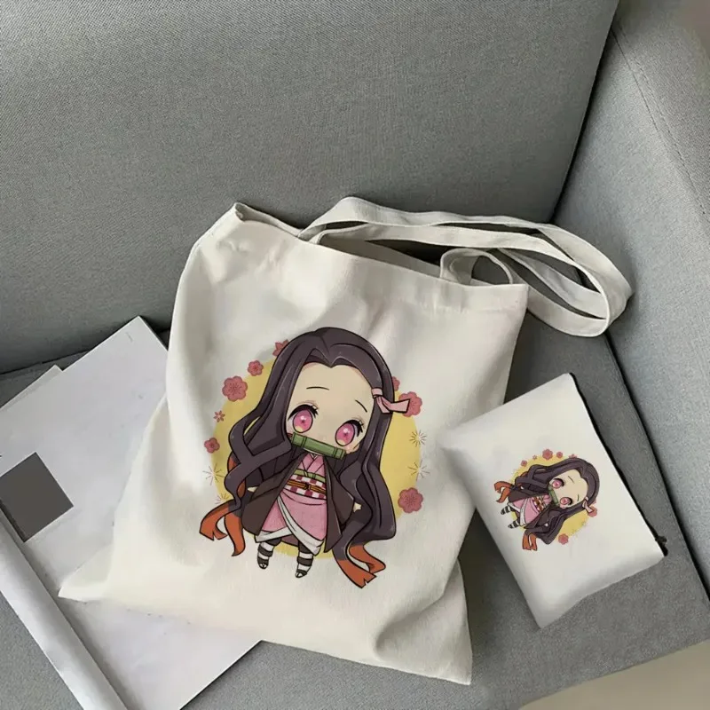2pcs Demon Slayer Kamado Nezuko Tote Comic Retro Bag Set Fashion Canvas s prenosné nákupné vrecká peňaženka ramenná taška