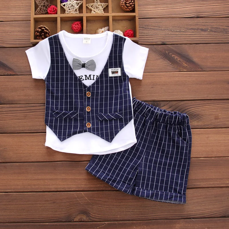 2pcs detské sety letné detské odchádzajúce kockované gentleman v štýle falošné dvojdielne vesty s krátkymi rukávmi set